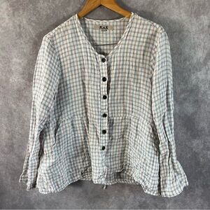 FLAX Light Jacket Women Small White Plaid Check Linen Cinch Waist Button V-Neck